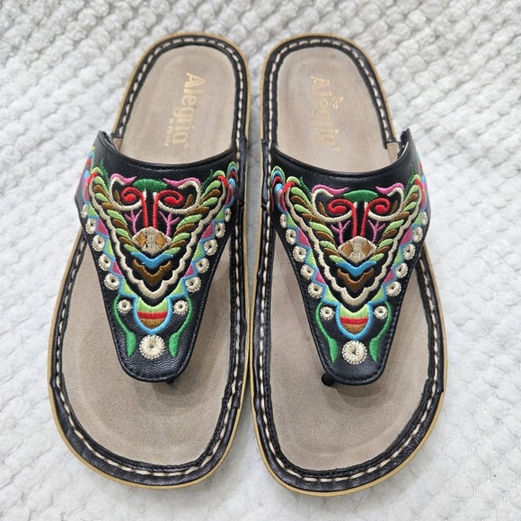 Alegria Van-259 Thong Sandal Womens Sz 39 US 8 Black Embroidered  Chrysalis Boho - Picture 2 of 7